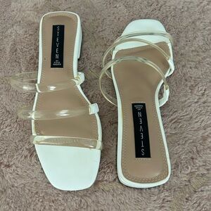 Slip on low heel sandals size 6.5 white with clear straps